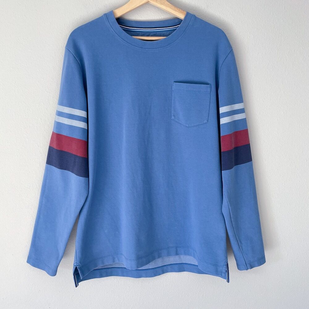 Boden Rye Pocket Crew Sweatshirt Men's L Blue Red Stripe Sleeve Pullover Shirt